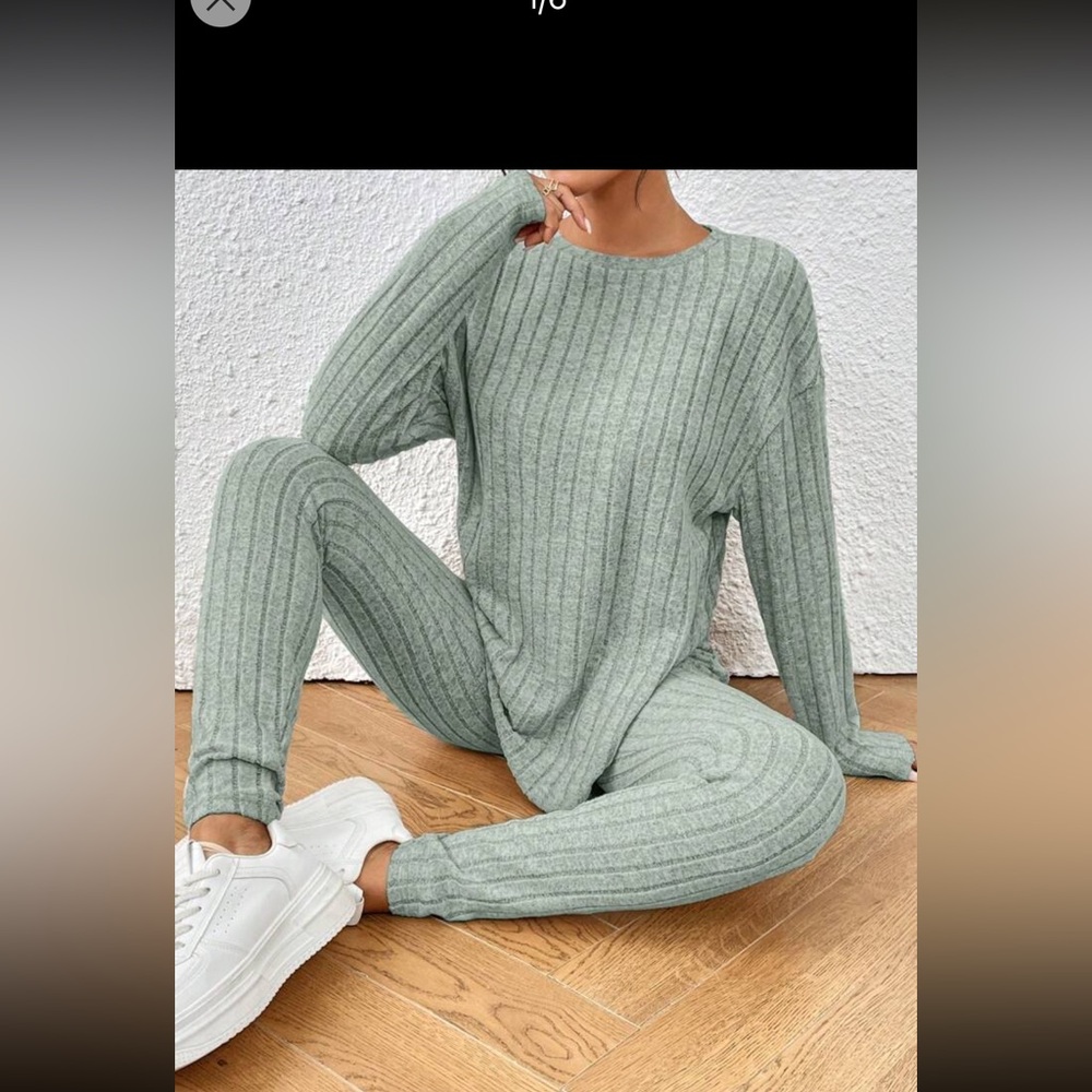 SHEIN Ribbed Knit Lounge Set - Soft Green